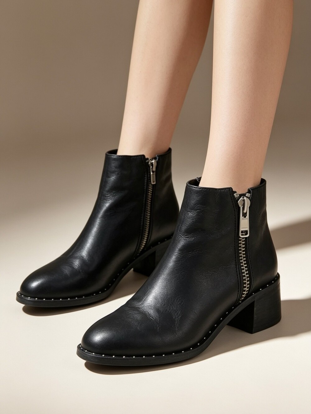 SOL SANA Black Leather Ankle Boots EU 37 Side Zip Block Heel Booties